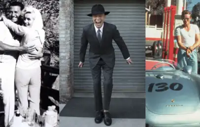 A collage of three images: a couple hugging outdoors in black and white, a man in a suit and hat smiling and skipping, and a man in glasses standing next to a silver Porsche sports car with the number 130.