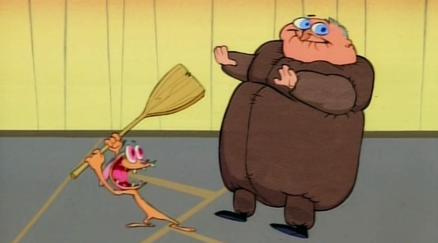 A cartoon dog swings a broom at a large man in a brown padded suit. The man stands calmly with arms crossed, while the dog looks frantic and determined. The background is a simple yellow wall and gray floor.