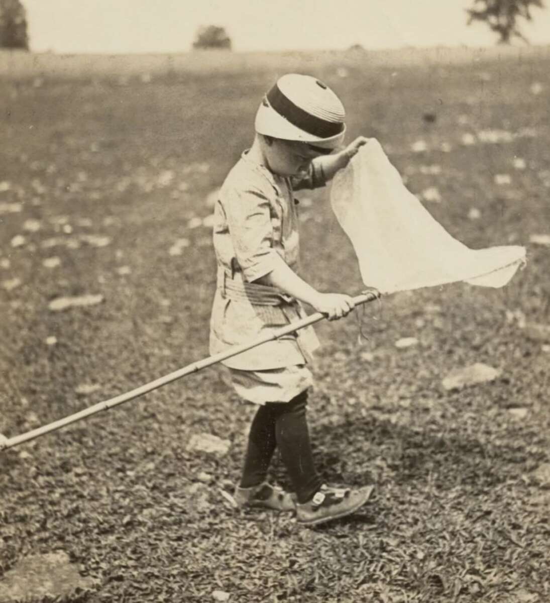 A young child in old-fashioned clothing and a striped hat walks outdoors on grass, holding a long stick with a net, as if catching insects or butterflies. The background is a blurry open field.