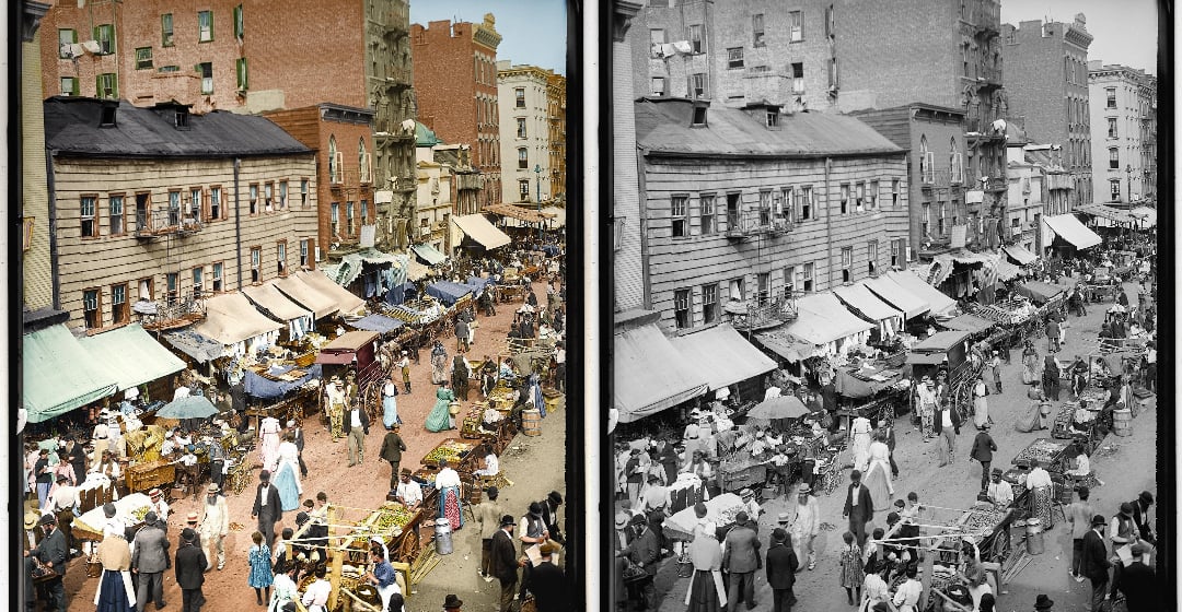 A bustling city street market scene from the early 1900s is shown side by side in color and black and white, with vendors, shoppers, carts, and awnings among tall brick buildings.