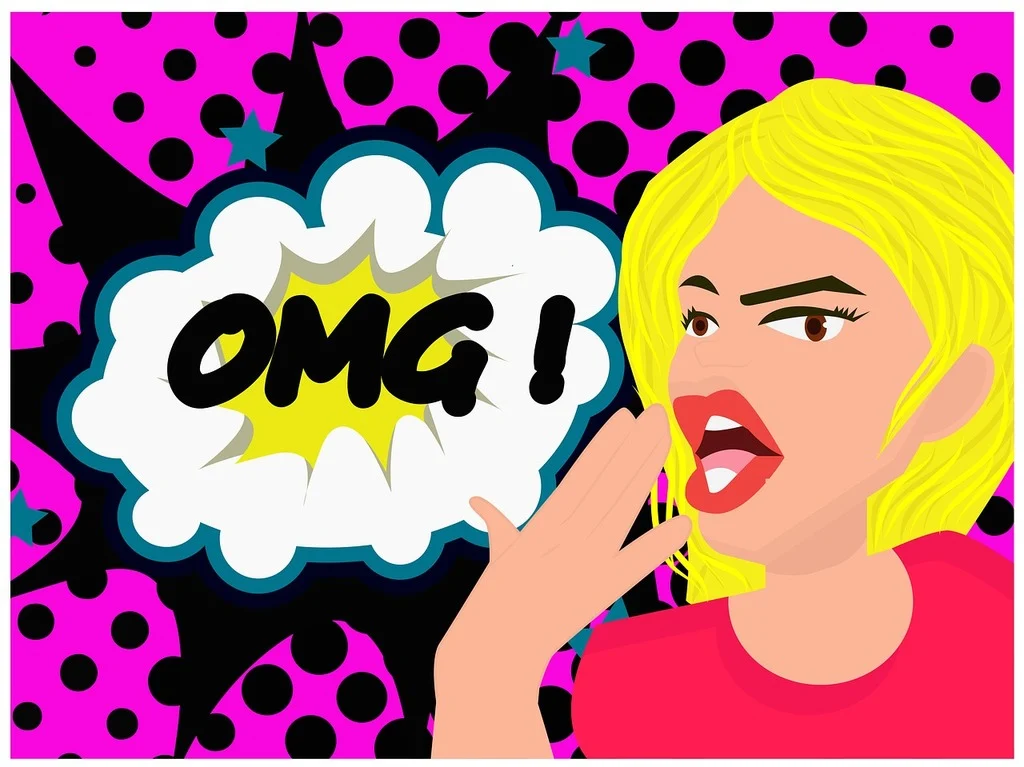 Pop art illustration of a surprised blonde woman in a red shirt with her hand to her mouth, next to a speech bubble saying "OMG!" on a vibrant pink and black polka dot background.