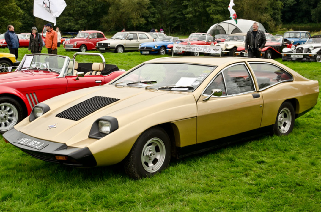 A gold Panther Solo classic car is displayed on grass at a car show, surrounded by other vintage vehicles and people. A white banner and trees are visible in the background.
