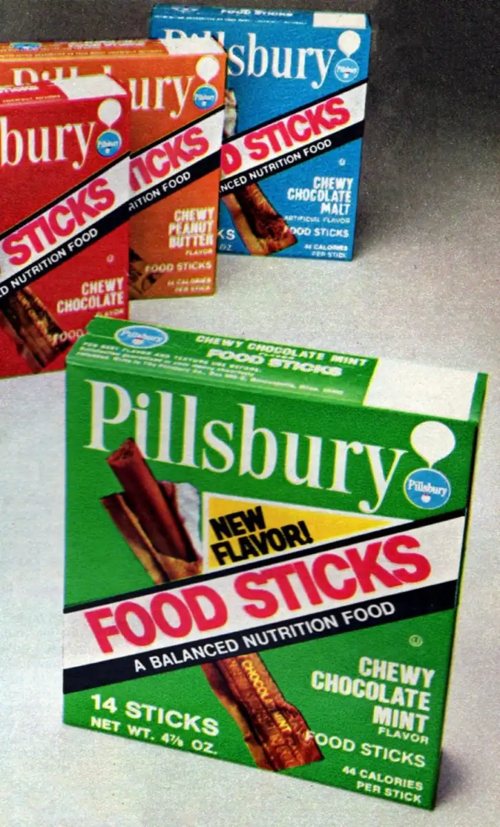 Four colorful vintage boxes of Pillsbury Food Sticks are lined up, with the front box labeled “Chewy Chocolate Mint Flavor.” Each box features a picture of food sticks and product information.