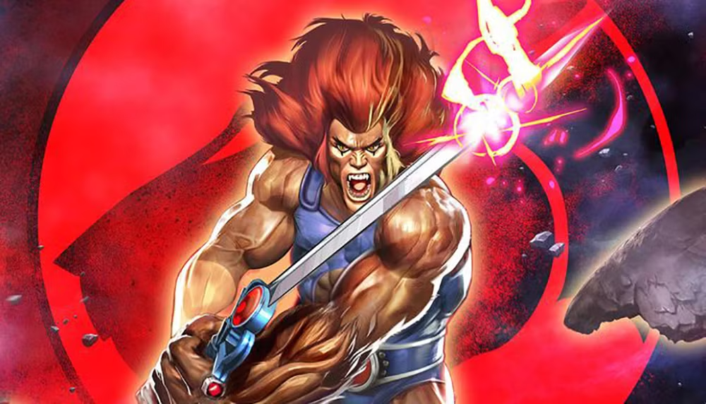 A muscular, fierce warrior with wild red hair holds a glowing sword, screaming in battle. Red energy radiates behind him, and a bird-like figure glows above the blade against a dramatic, fiery background.