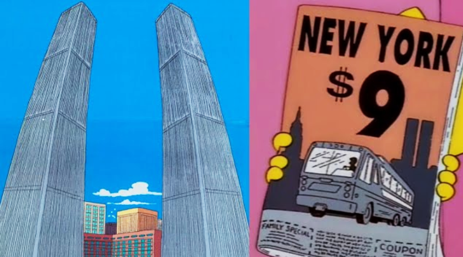 A split image: on the left, a cartoon depiction of the Twin Towers against a blue sky; on the right, a hand holds a brochure saying "New York $9" with a bus and skyline in the background.