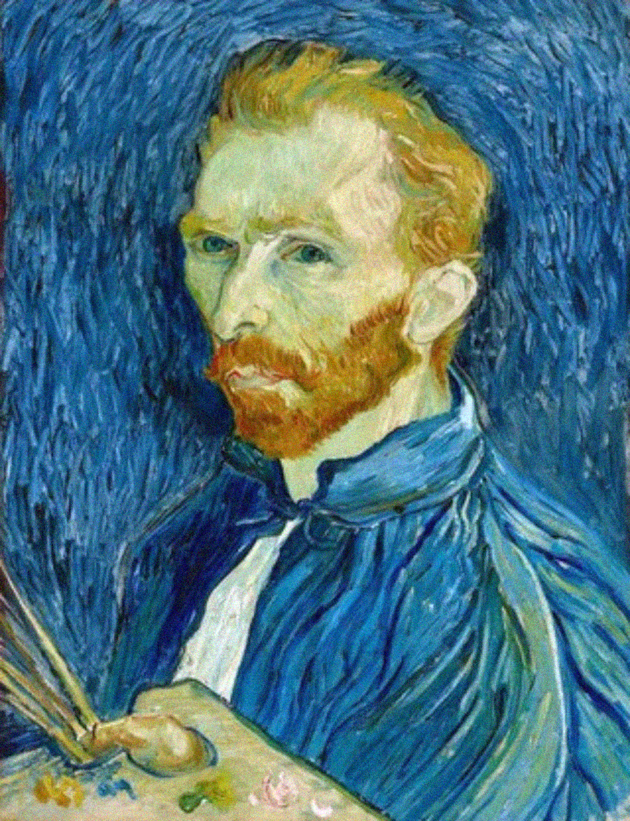 A painting of a man with red hair and beard, wearing a blue coat, holding paintbrushes against a textured blue background. The style is expressive, with visible brushstrokes and bold colors.