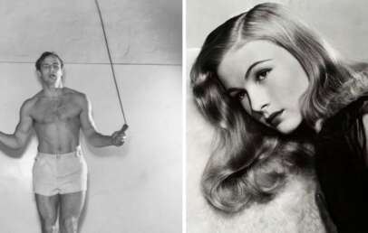 A black-and-white split image: on the left, a shirtless man in shorts jumps rope; on the right, a woman with long wavy hair looks thoughtfully to the side.