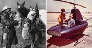 A black-and-white photo on the left shows a soldier feeding two horses. On the right, a color photo shows a woman talking to a man seated in a small, futuristic-looking, blue gyrocopter on a runway.