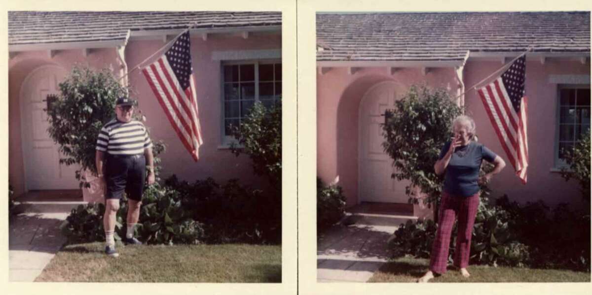 Two photos side by side show an older man and woman posing separately in front of a pink house with an American flag and greenery beside the door. The man wears shorts and a striped shirt; the woman holds a phone to her ear.