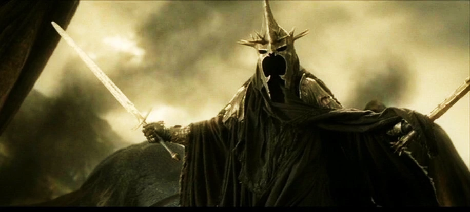 A menacing armored figure with a spiked crown helmet and black cloak wields a sword in each hand, standing in a dark, stormy landscape.