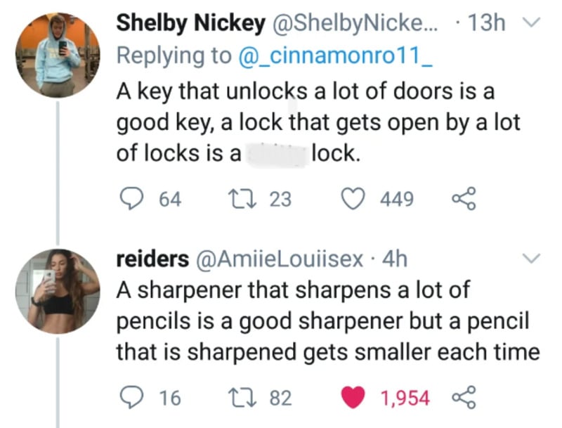 A Twitter exchange: one user compares good keys and bad locks; another replies comparing good sharpeners and worn-down pencils, both using analogies with images of themselves beside their tweets.