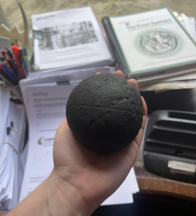 A hand holding a round, black object resembling a ball, with stacks of papers, pens, and a spiral-bound book titled "The Food System" on a cluttered desk in the background.
