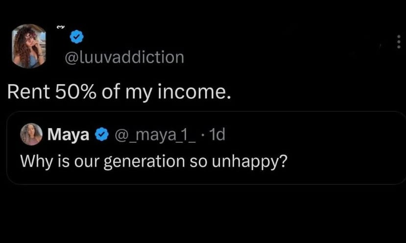 A tweet from @luuvaddiction replies, "Rent 50% of my income," to a tweet by Maya (@_maya1_) asking, "Why is our generation so unhappy?" The background is black.
