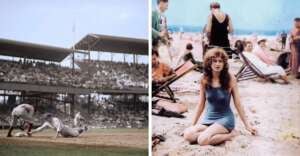 Split image: Left&mdash;baseball game with players in action and a full stadium. Right&mdash;a woman in a blue swimsuit sits on a sandy beach, with people and umbrellas in the background. Both images appear vintage.