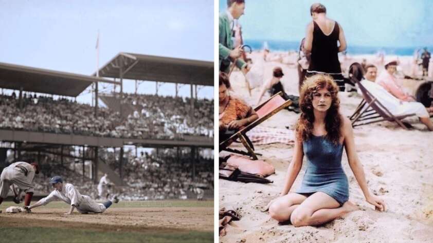 Split image: Left—baseball game with players in action and a full stadium. Right—a woman in a blue swimsuit sits on a sandy beach, with people and umbrellas in the background. Both images appear vintage.