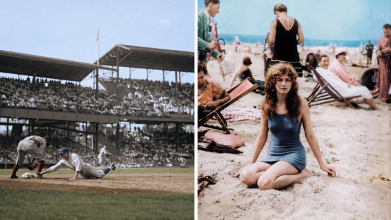 Split image: Left, a baseball player slides to a base as another catches the ball; stadium and crowd in background. Right, a woman in a blue swimsuit sits on a busy, sandy beach with sunbathers and umbrellas. 1925