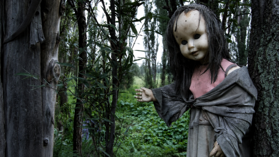 A weathered, old doll with tangled hair and a faded dress hangs from a tree in a dense, eerie forest, its arm outstretched and face slightly tilted.