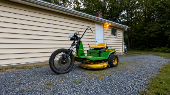 A green and yellow John Deere lawn mower modified with a motorcycle front, parked on gravel near a beige house with siding, as evening light glows above the door. Trees and grass surround the area.