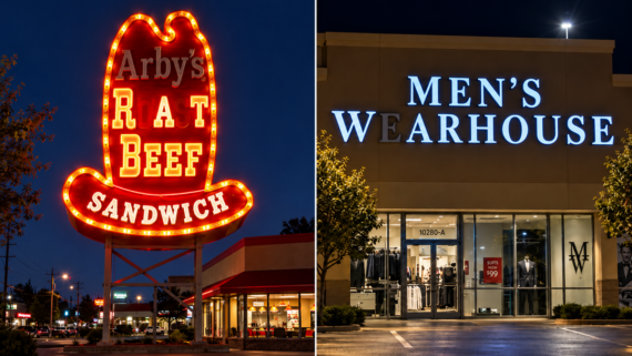 A split image: left shows a neon Arby’s sign at night, humorously missing letters to read “Rat Beef Sandwich.” Right shows a Men’s Wearhouse storefront lit up at night.
