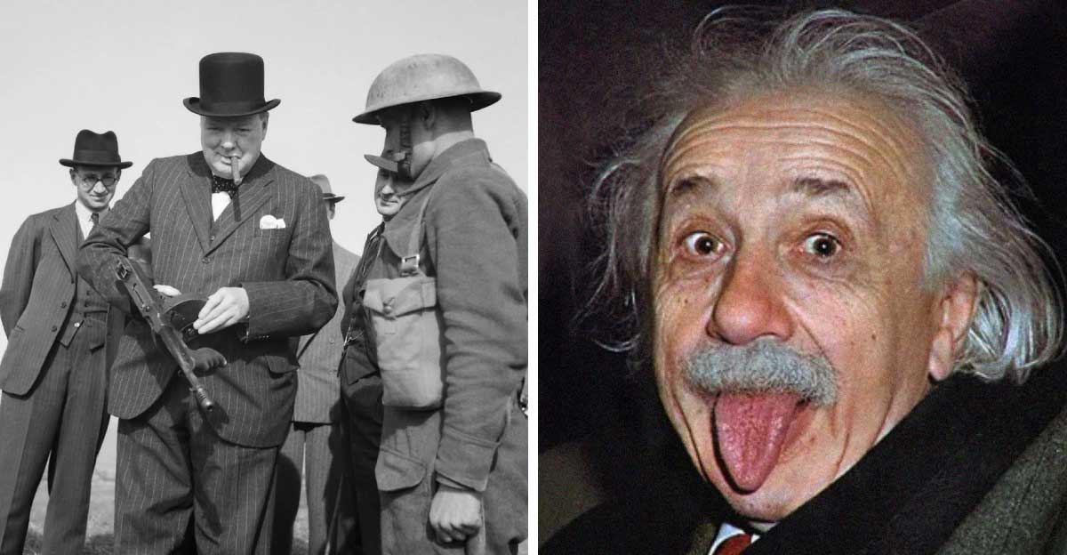 Left: Winston Churchill holding a gun, Right: Albert Einstein sticking out his tongue