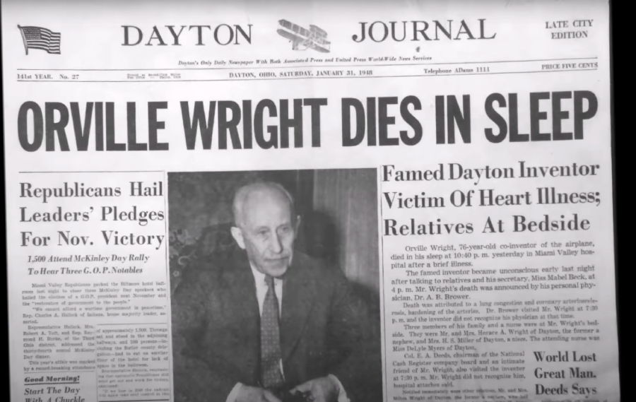 Black-and-white newspaper front page with headline “Orville Wright Dies in Sleep,” a photo of Orville Wright, and related articles about his death and Republican leaders’ pledges for election victory.