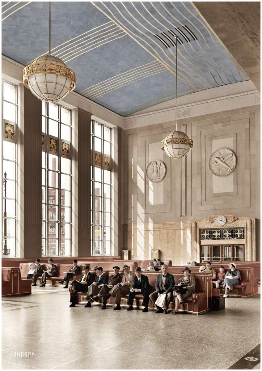 A group of people sit on wooden benches in a spacious train station waiting room with large windows, art deco chandeliers, a blue-and-gold ceiling, and a clock above a fireplace. Sunlight streams in, casting shadows.