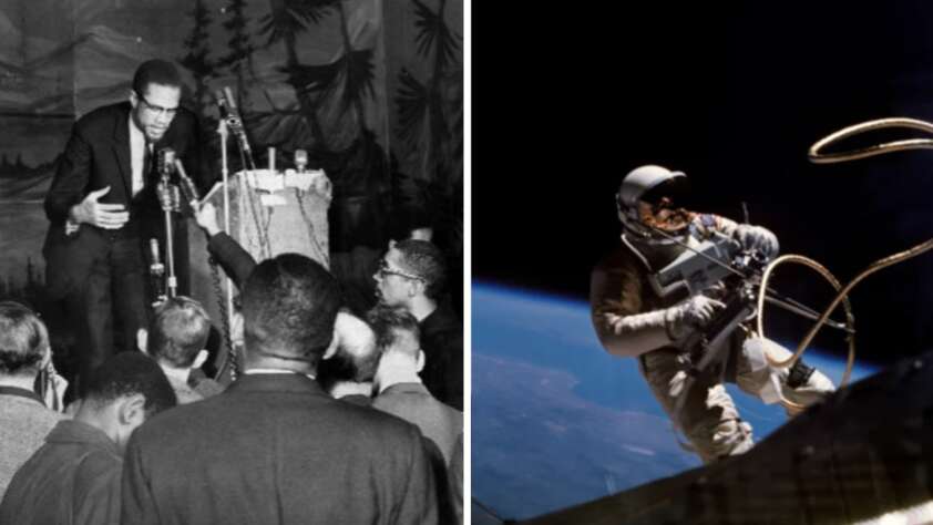 Split image: left side shows a man in a suit speaking passionately at a podium to a crowd; right side shows an astronaut in a spacesuit floating outside a spacecraft above Earth.