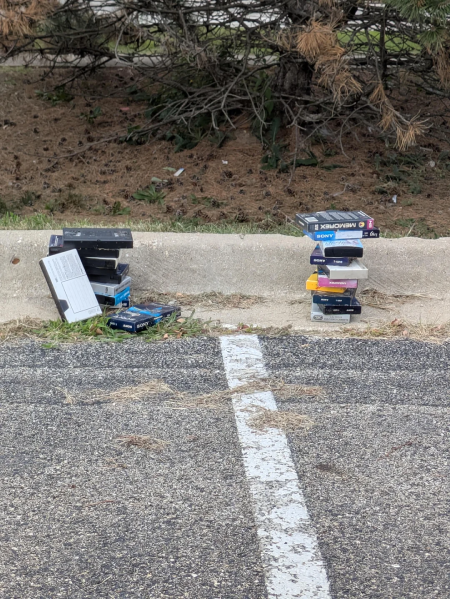 Stacks of old VHS tapes are placed on the edge of a parking lot, near a curb with dried pine needles and a tree in the background. One stack is leaning, and some tapes are scattered on the ground.