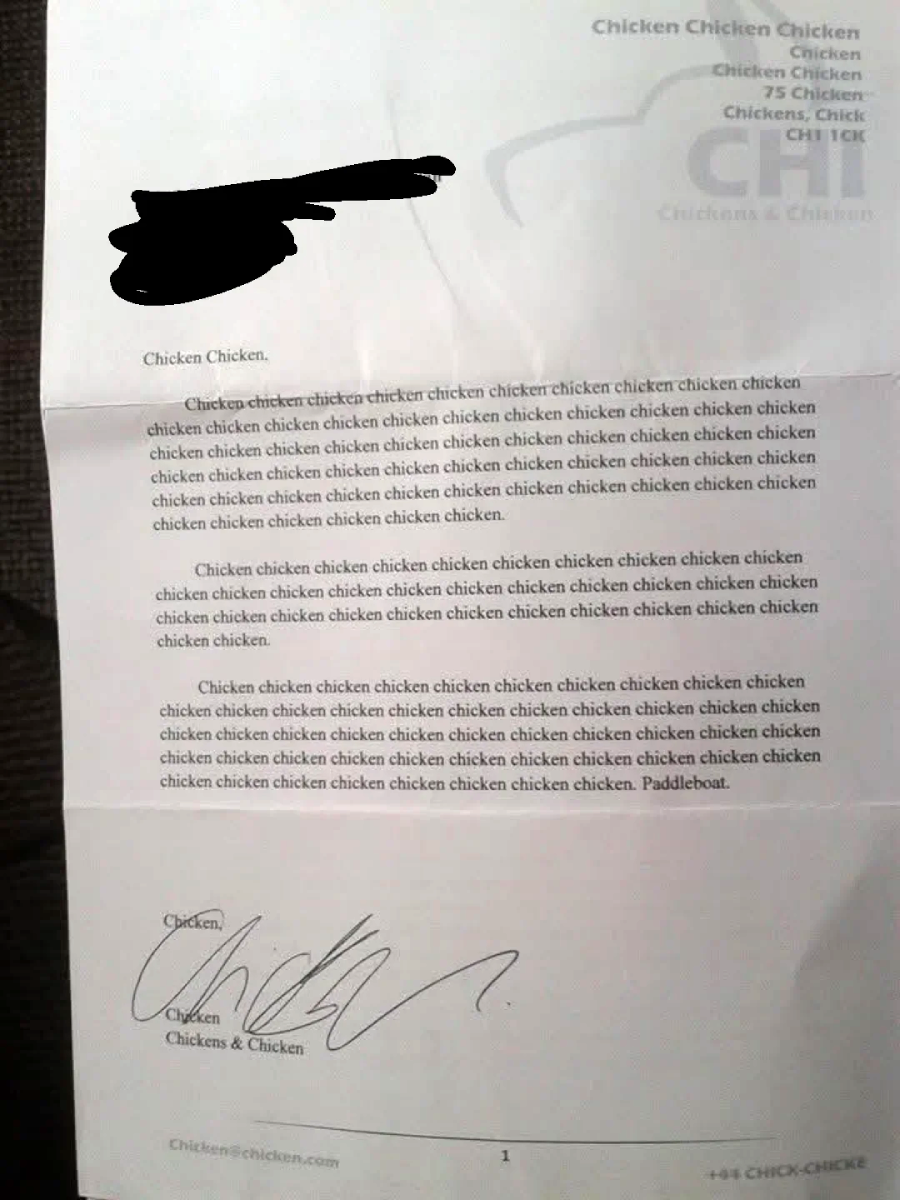 A letterhead document covered mostly with the repeated word "chicken" in various lines and formats. The top portion includes a logo and contact details, while the bottom has a signature and a block of more text repeating "chicken.