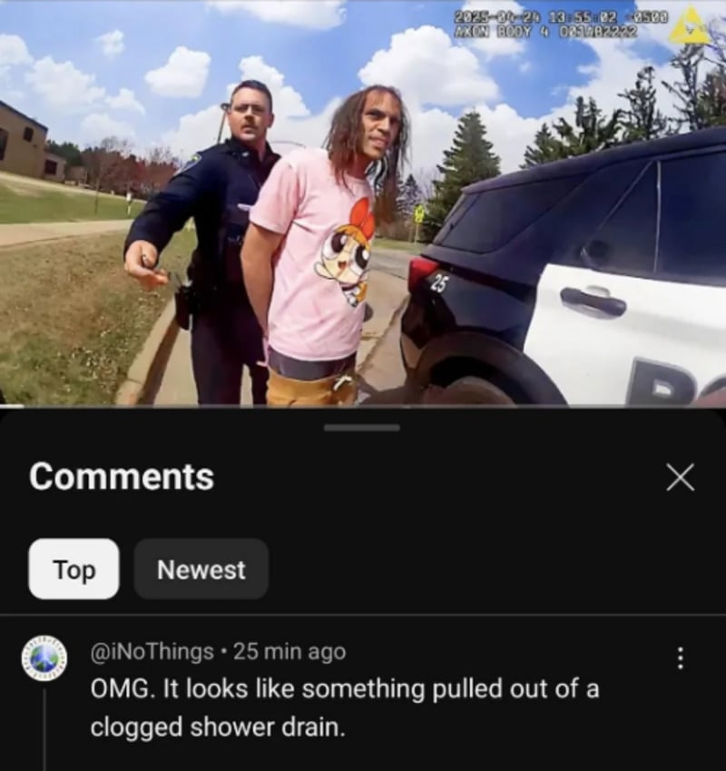 A police officer is handcuffing a disheveled man wearing a pink cartoon t-shirt beside a police car. Below, a comment reads: "OMG. It looks like something pulled out of a clogged shower drain.