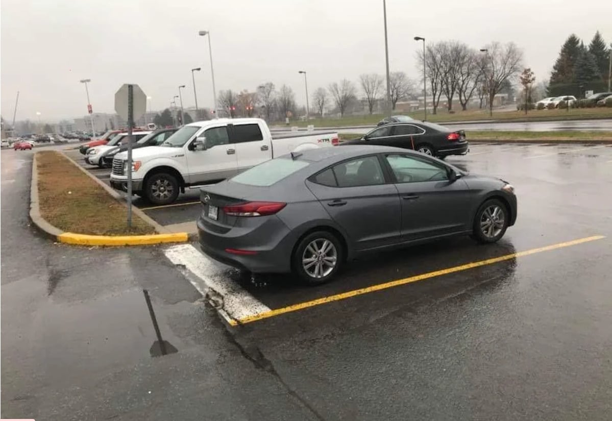 A gray sedan is parked over two spaces in a wet parking lot on a cloudy day, with other vehicles and bare trees visible in the background.