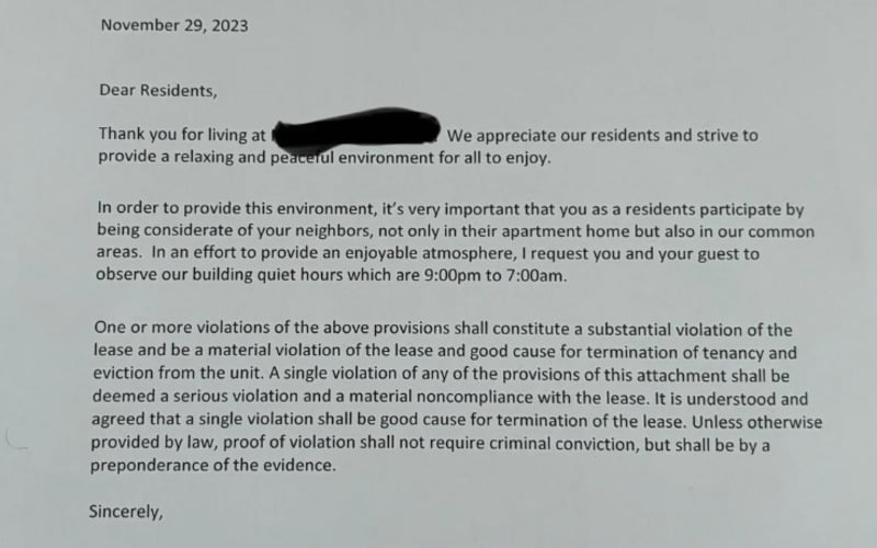 A letter to residents reminding them to observe quiet hours from 9:00pm to 7:00am and warning that violations may result in termination of tenancy. The address line is blacked out for privacy.