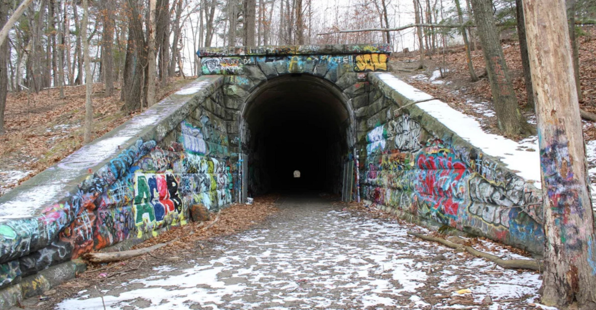 A stone tunnel in a forest, its entrance and walls covered in colorful graffiti. The ground is partly covered with snow, and bare trees stand on both sides. The tunnel interior is dark, with a small light visible at the far end.