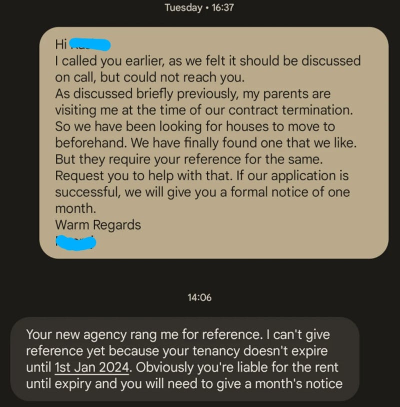 A screenshot of a text conversation discussing a reference request for renting a new house. The reply states the current tenancy doesn't expire until 1st January 2024 and a month's notice is required. Some names are redacted.