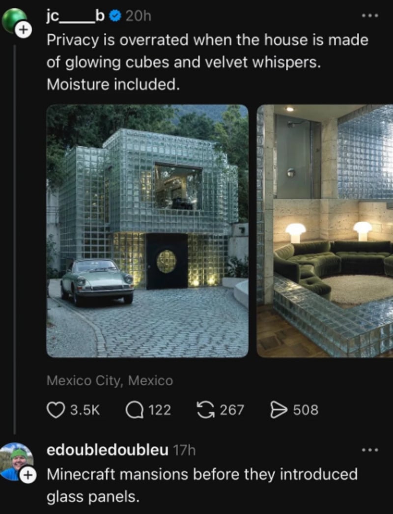 A modern house in Mexico City made of glass blocks, with a car parked outside. The interior shows glass walls, a round table, and green couches. Comments joke about privacy and compare it to Minecraft glass panels.
