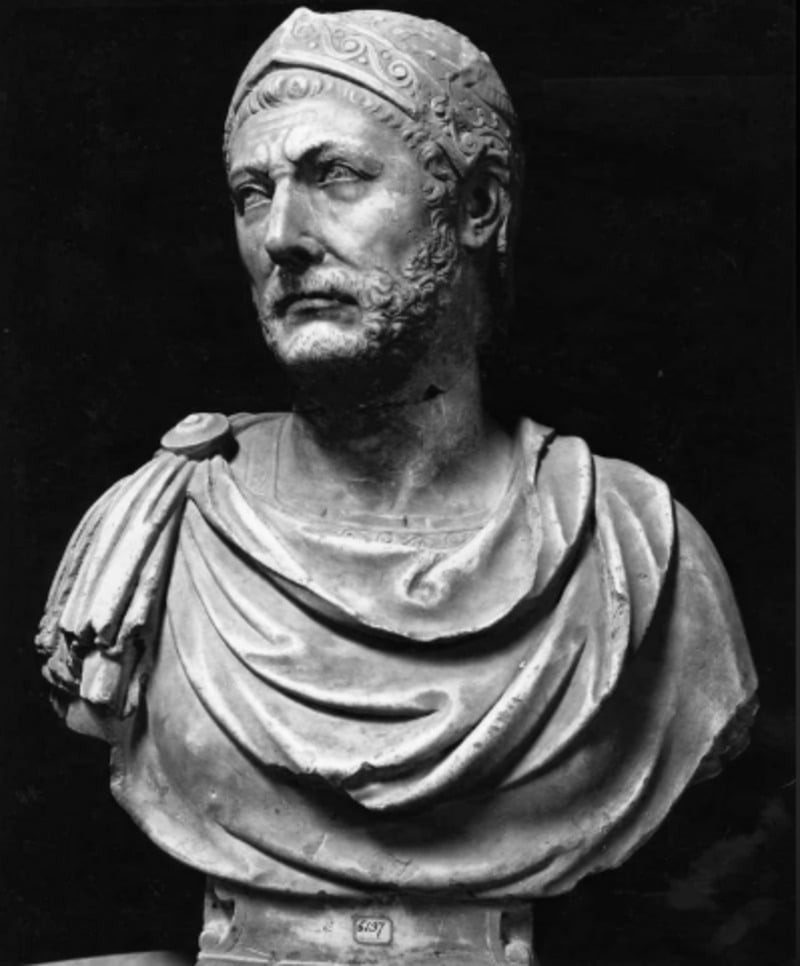 Marble bust of a bearded man wearing a draped robe and a decorated helmet, set against a dark background. The sculpture has detailed facial features and textured hair.