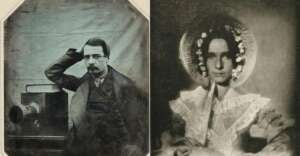 A sepia-toned photo shows a man in a suit sitting beside an old-fashioned camera, and a woman wearing a bonnet and a dress with lace details, both posing for vintage portraits.