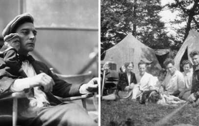 A black-and-white split image: on the left, a man in a cap sits with a small monkey on his shoulder; on the right, a group of people and a dog sit on the grass near pitched tents in a wooded area.