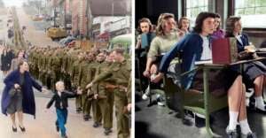 Left: A woman and child reaching out to soldiers marching down a street. Right: Young women in a classroom practicing air raid safety by crouching under desks, holding onto their seats.