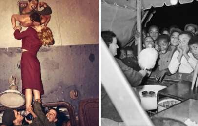 Side-by-side photos: Left, a smiling woman in a red dress is lifted to kiss a uniformed man aboard a train by another man below. Right, children excitedly gather at a counter under a tent, watching treats being prepared.