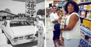 A split image: on the left, a woman fills her car with gas at a vintage station; on the right, three women in a grocery store aisle, one holding multiple egg cartons and making a playful face.