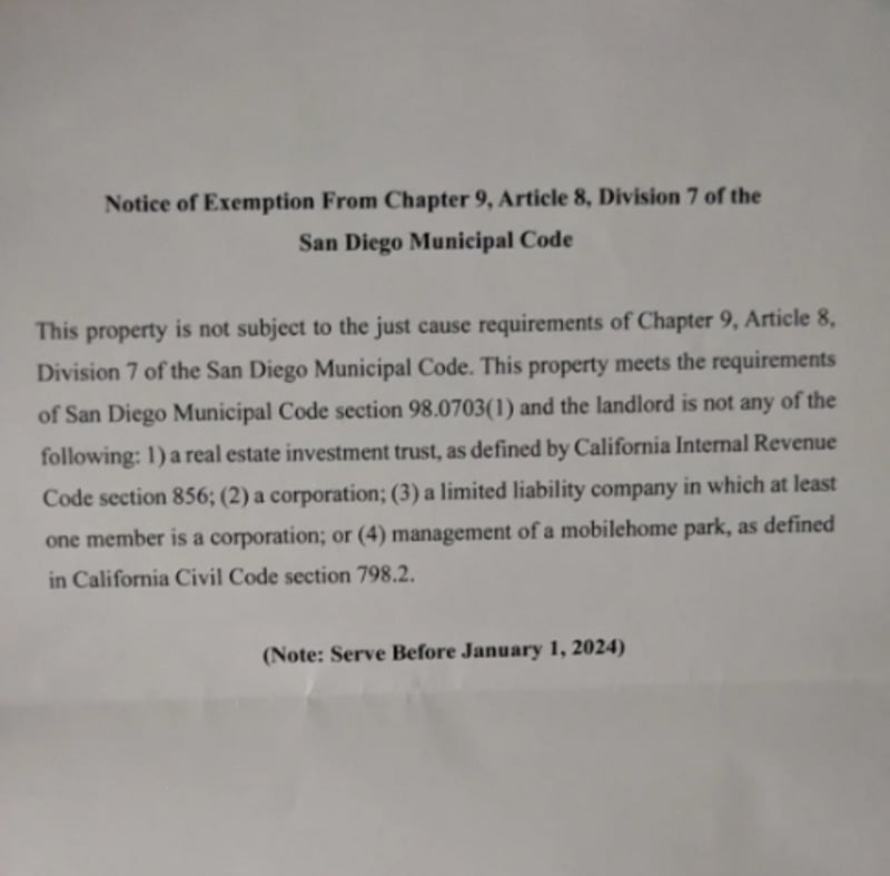 A printed notice titled "Notice of Exemption From Chapter 9, Article 8, Division 7 of the San Diego Municipal Code," explaining exemption criteria and stating "Note: Serve Before January 1, 2024" at the bottom.