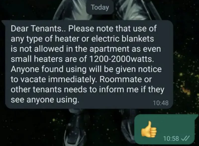 A text message warns tenants that heaters and electric blankets are not allowed in the apartment due to high wattage. Violators will be asked to vacate. A thumbs-up emoji reply is shown.