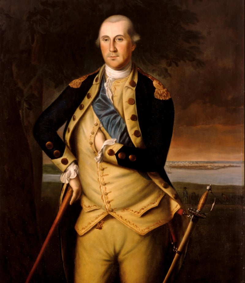 Portrait of a man in historical military uniform with a blue sash, standing by a tree, one hand inside his coat and the other resting on a walking stick, with a landscape in the background.