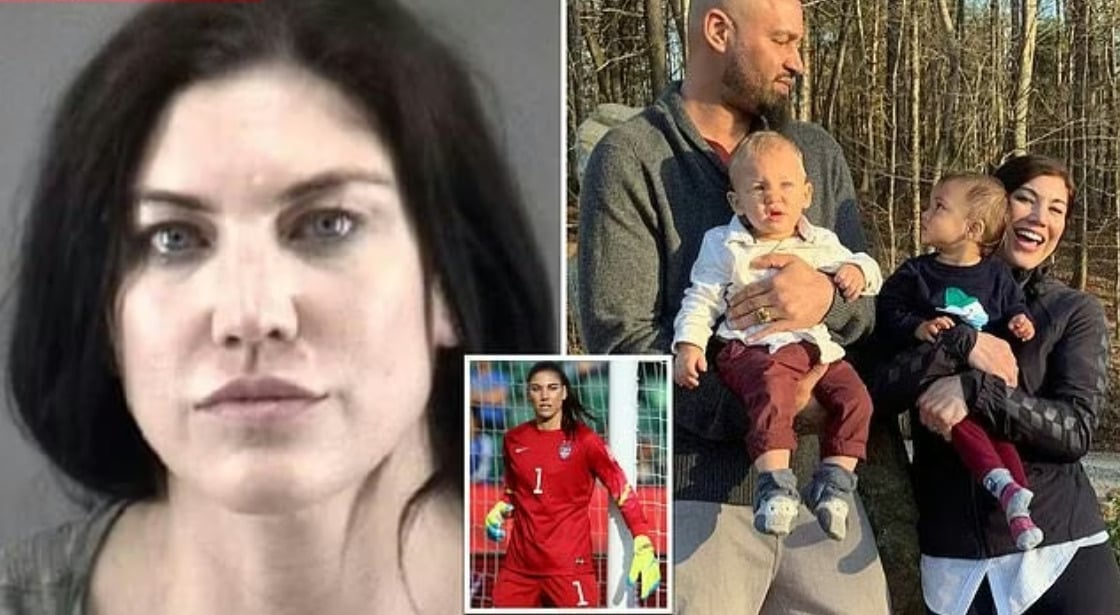 A collage with a woman’s mugshot on the left, a small soccer photo below it, and on the right, a man holds two toddlers with a smiling woman beside him outdoors.