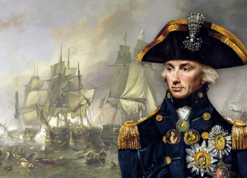 A painting of a naval officer in an ornate uniform and decorated hat, standing in front of a dramatic sea battle with sailing ships and smoke.