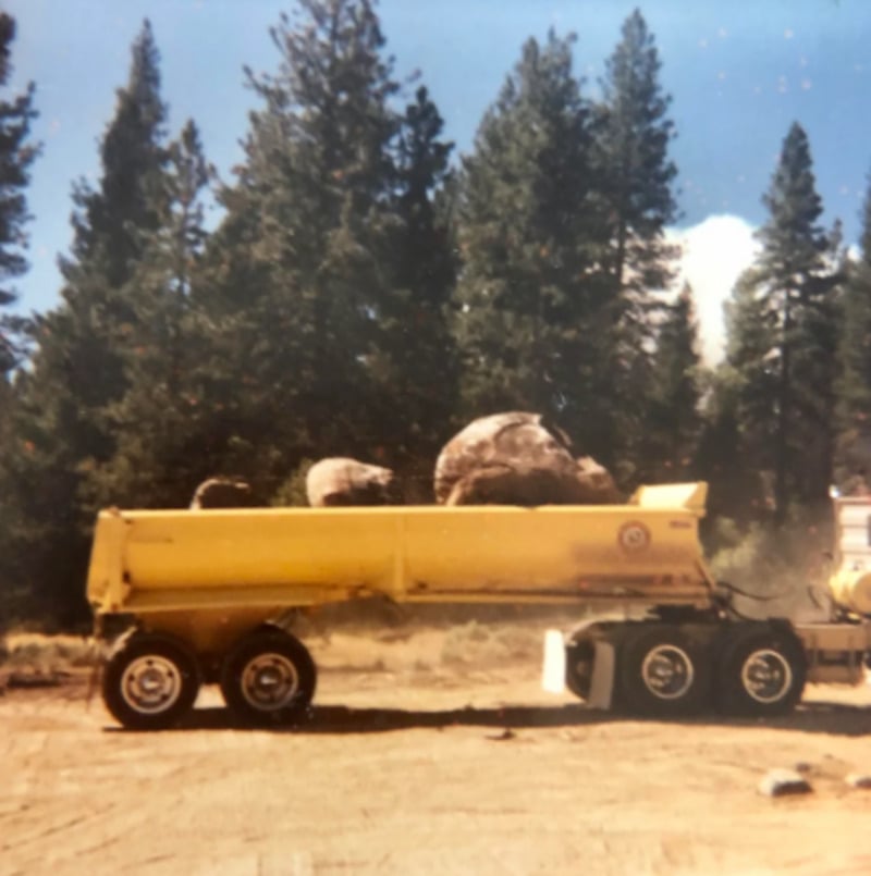 A yellow dump truck loaded with large boulders is parked on a dirt area surrounded by tall pine trees under a bright blue sky.