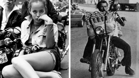 Split image: Left, a woman sits on a motorcycle, looking intensely at the camera. Right, a man rides a motorcycle loaded with canned goods, smiling. Both photos are black and white, capturing vintage biker scenes. 1970s