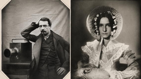 A split image shows a man with a mustache, leaning on a box camera, and a woman in a lace bonnet and dress, seated and looking at the camera. Both portraits are in black and white. 1840.