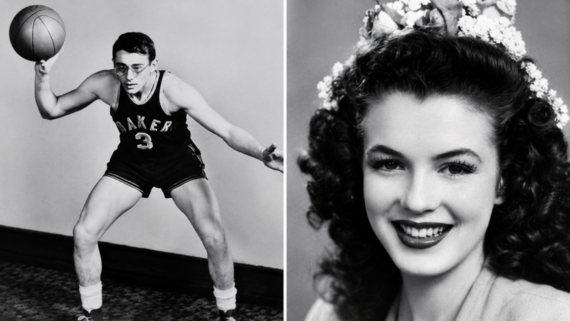 Split image: On the left, a vintage male basketball player dribbles; on the right, a young woman with curled dark hair and flowers smiles at the camera. Hollywood.